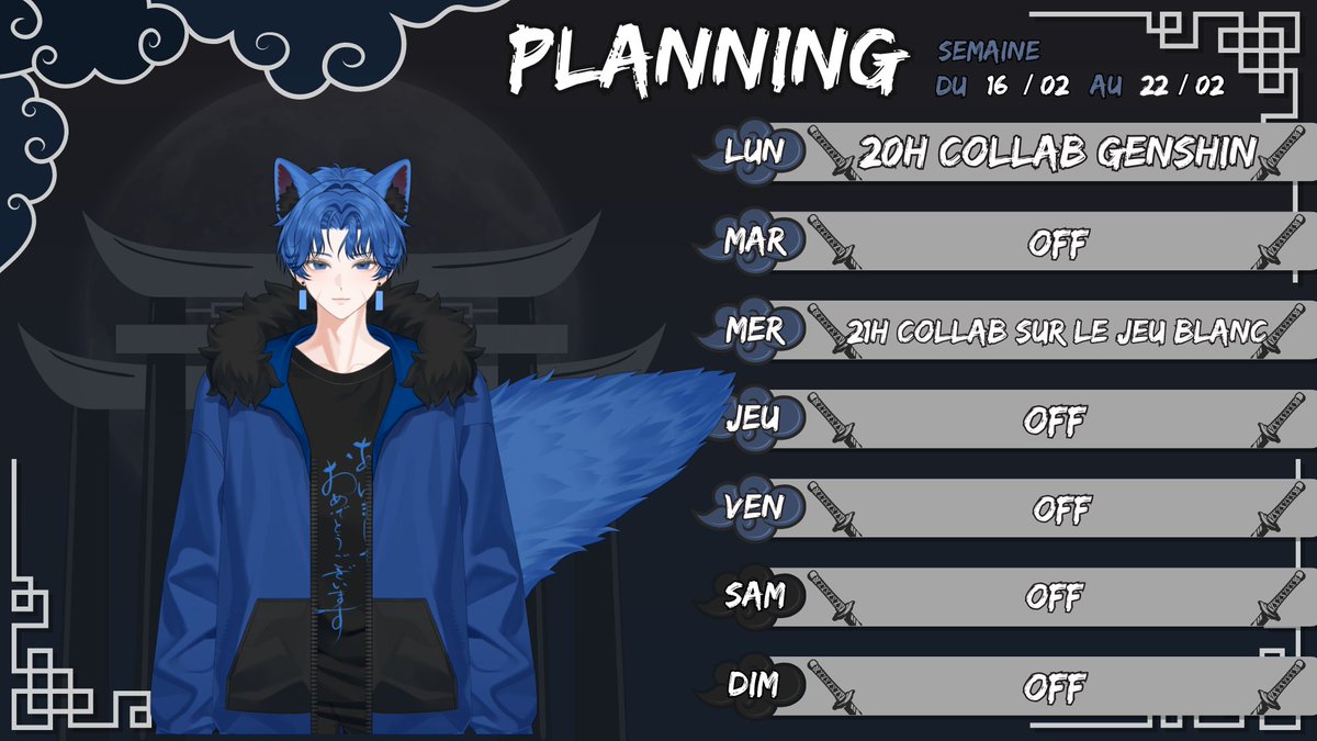 Voici le planning de la semaine ! 💙🦊
Lundi a 21h : Collab Genshin avec Nuggetsunflower ( Vive Genshin ! ) 
Mercredi a 21h : Collab avec <a href="/LulufaeVt/">Lunafae Sylwen</a> sur le jeu Blanc qui est un jeu de collaboration avec 2 animaux