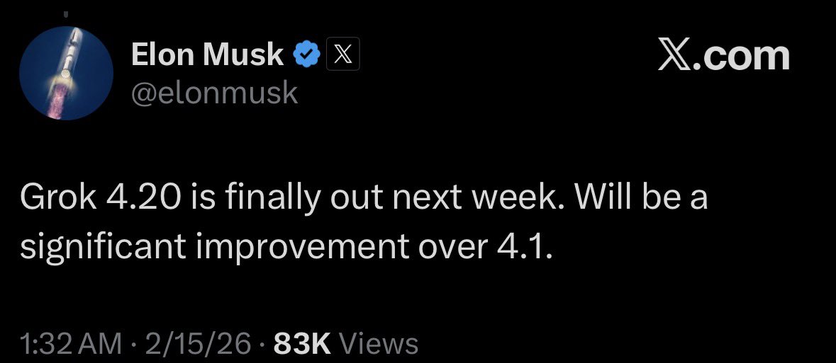 Grok 4.2 will be out NEXT WEEK as stated by Elon
