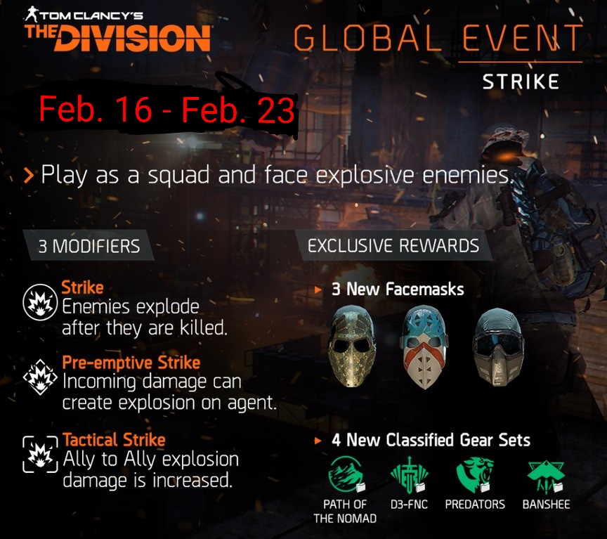 Maverick__CW's tweet photo. REMINDER Agents of #TheDivision ...

TOMORROW starts
Global Event: STRIKE!

Classified Gear sets up for grabs:
Path of the Nomad
D3-FNC
Predator's Mark
Banshee
💥💥💥💥
Farm Incursions, HVTs, Legendaries and Survival to earn GE Tokens for GE Caches! https://t.co/omuq6OOOyN