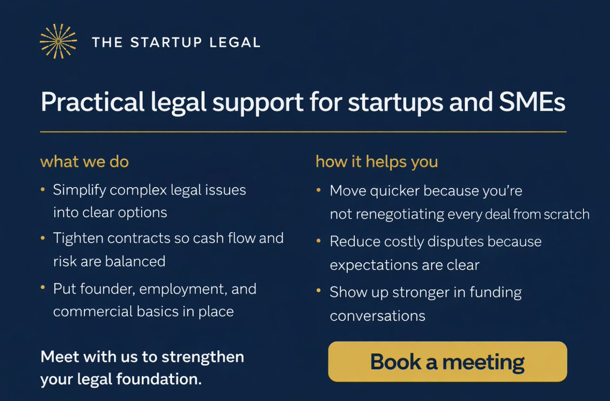 The StartUp Legal helps startups and SMEs move faster with practical legal support.
Clear contracts. Better risk control. Stronger funding readiness.

Book a meeting.

🔗 calendar.app.google/YKyv4c1TbkbGDH… | hello@thestartuplegal.co.za