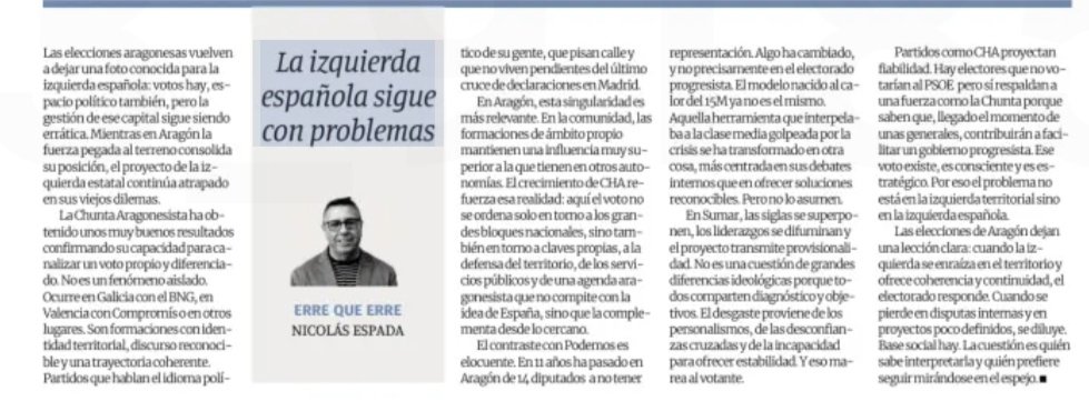 chunta's tweet photo. 📰Artículo de opinión en @periodicoaragon , valoración de las recientes #EleccionesAragón 

"CHA ofrece fiabilidad..." https://t.co/yGHUUueDLI