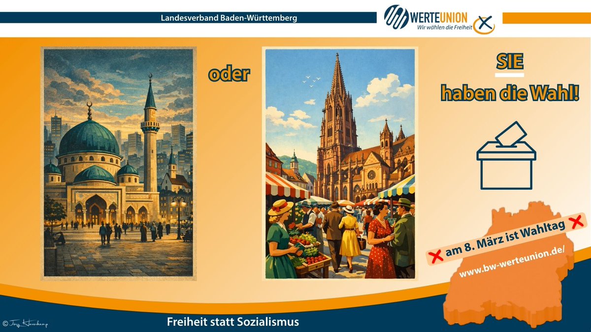 Joerg_Haverkamp's tweet photo. Die freie Religionsausübung ist ein unverrückbares, grundgesetzlich geschütztes Gut.

Sie gilt für alle Menschen in unserem Land – ohne Wenn und Aber.

Gleichzeitig gehört zur Religionsfreiheit nicht, dass das Stadtbild durch Gebetsräume in fremder Architektur oder religiöse Symbole von Zuwandererreligionen dauerhaft verändert oder geprägt wird.
Öffentlicher Raum ist kein beliebig formbarer Raum, sondern Ausdruck unserer gewachsenen Kultur, Geschichte und Ordnung.

Besonders kritisch sehen wir den politischen Islam, der Religion nicht als private Glaubensfrage versteht, sondern als politisches Machtinstrument 
Wo religiöse Gebote über unsere freiheitlich-demokratische Grundordnung gestellt werden, endet Toleranz.
Der politische Islam steht für Abschottung, Parallelgesellschaften und Werte, die mit Gleichberechtigung, Meinungsfreiheit und Rechtsstaat unvereinbar sind.

Integration bedeutet Respekt vor unseren Regeln und unserem Gemeinwesen – nicht dessen schleichende Umgestaltung.

Religionsfreiheit ja. Ideologischer Machtanspruch und kulturelle Verdrängung: nein.

---
Bitte reposten und liken, wenns gefällt.
Kritik und Diskussion sind genauso willkommen,
hier und auf den anderen Kanälen:
https://t.co/64BBDlP2HP

#Freiheit #Politikwende 
#wirsinddiebessereAlternative
#werCDUwähltwähltgrünmit #freiheitlich #Landtagswahl #Baden-Wuerttemberg

@WerteunionBW @WerteUnion @Tomislav_Rus @Joerg_Meuthen @MitschAlexander @SchultzM66 @DirkSpaniel @NMeuthen @fr_werteunion @WerteUnion0711 @Ottersberg_WU @HRothenhoefer @GordonPelz @SylviaPantel @JennyHaidhausen @tino_ritter @robinchrliberty @cs1066 @GTraub1340 @Strassenkatze @Domifietze @BerndPfeiffer3 @P_Kochersperger @barboelsch @trine_haverkamp @piet0511 @MartinOtt_ @WerteUnionHB @SButtenmueller @vinzenz_b_g