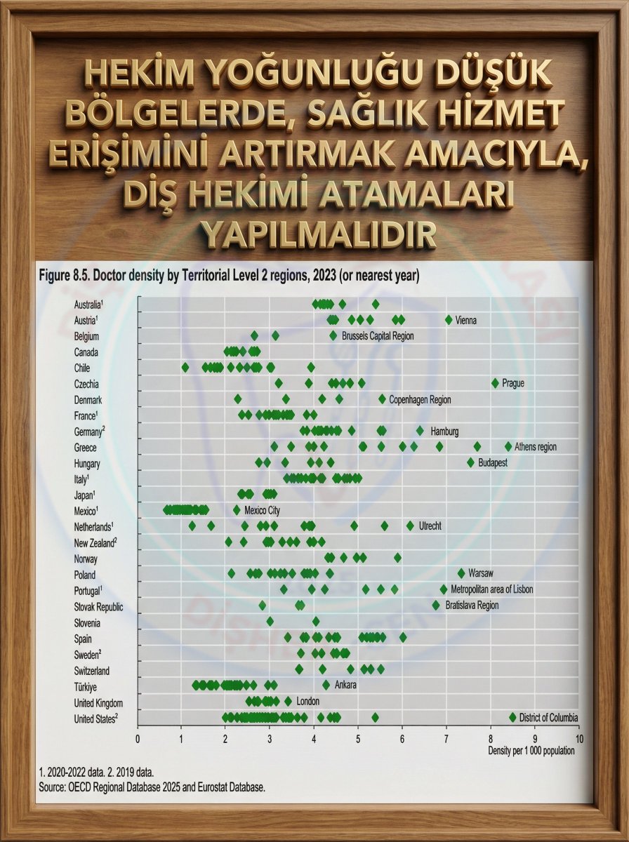 📊 HEKİM YOĞUNLUĞU DÜŞÜK BÖLGELERDE, SAĞLIK HİZMET ERİŞİMİNİ ARTIRMAK AMACIYLA, DİŞ HEKİMİ ATAMALARI YAPILMALIDIR.

OECD verilerine göre, bölgeler arası hekim yoğunluğu 1 ile 9 hekim / 1.000 kişi arasında değişmektedir.
Başkent bölgeleri hekim yoğunluğu en yüksek olan