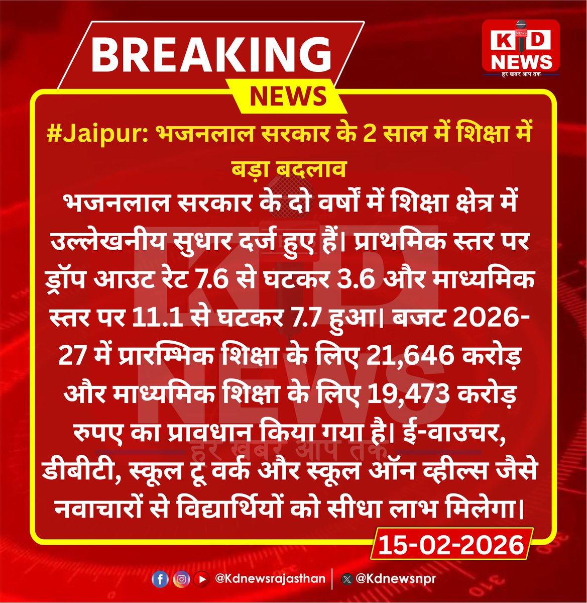#Jaipur: भजनलाल सरकार के 2 साल में शिक्षा में बड़ा बदलाव |

#Jaipur #BhajanlalGovernment #RajasthanEducation #Budget2026 #EducationReform #DBT #KdNewsRajasthan #SchoolReforms #RajasthanWithKdNews #KDNews