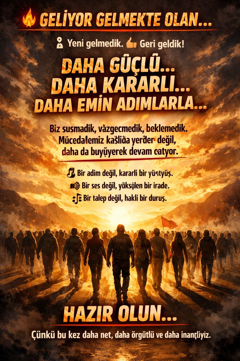 🔥 Geliyor gelmekte olan…
⏳ Yeni gelmedik.
💪 Geri geldik!

Daha güçlü…
Daha kararlı…
Daha emin adımlarla…

Biz susmadık, vazgeçmedik, beklemedik.
Mücadelemiz kaldığı yerden değil,
daha da büyüyerek devam ediyor.

🚶‍♀️ Bir adım değil, kararlı bir yürüyüş.
📢 Bir ses değil,