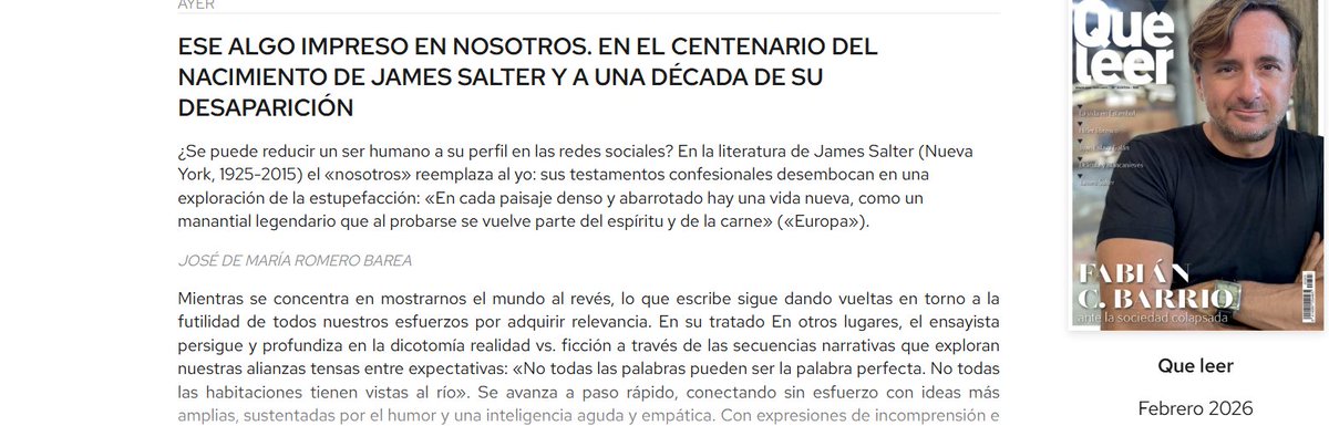 “En los viajes está esa idea junguiana de algo impreso en nosotros que buscamos inconscientemente” Centenario del nacimiento de #JamesSalter #EnOtrosLugares <a href="/SalamandraEd/">Ediciones Salamandra</a> Mi #homenaje en <a href="/revistaqueleer/">Revista Qué Leer</a> #FelizDomingo #ToniMontesinos <a href="/martacamnu/">Marta C.</a> <a href="/masleer/">Más Leer</a> ☀️ romerobarea.wordpress.com/2026/02/03/cel…