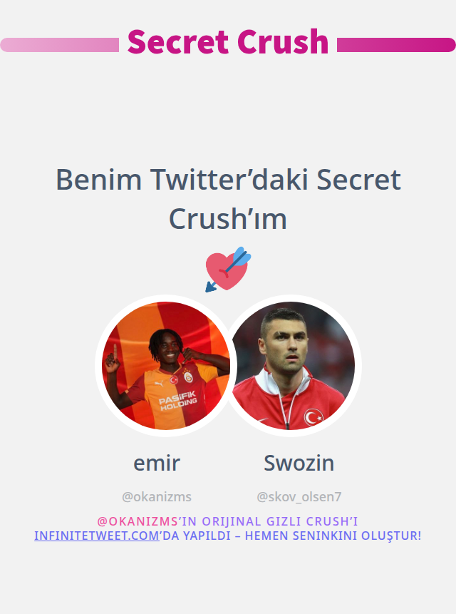 Benim Twitter’daki Secret Crush’ım <a href="/skov_olsen7/">Swozin</a>

➡️ infinitetweet.me/secret-crush?l…