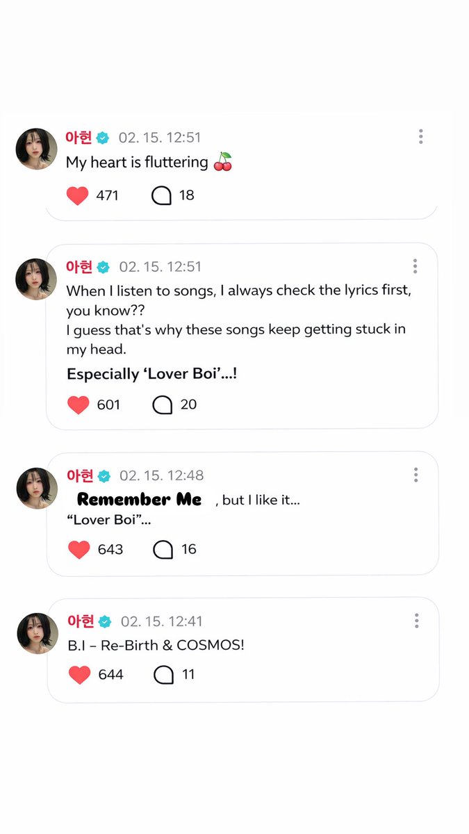 Ahyeon from BABYMONSTER enthusiastically recommended four of Hanbin’s songs and praised the lyrics. 💓

Lover Boi
Remember Me
Cosmos
Re-Birth