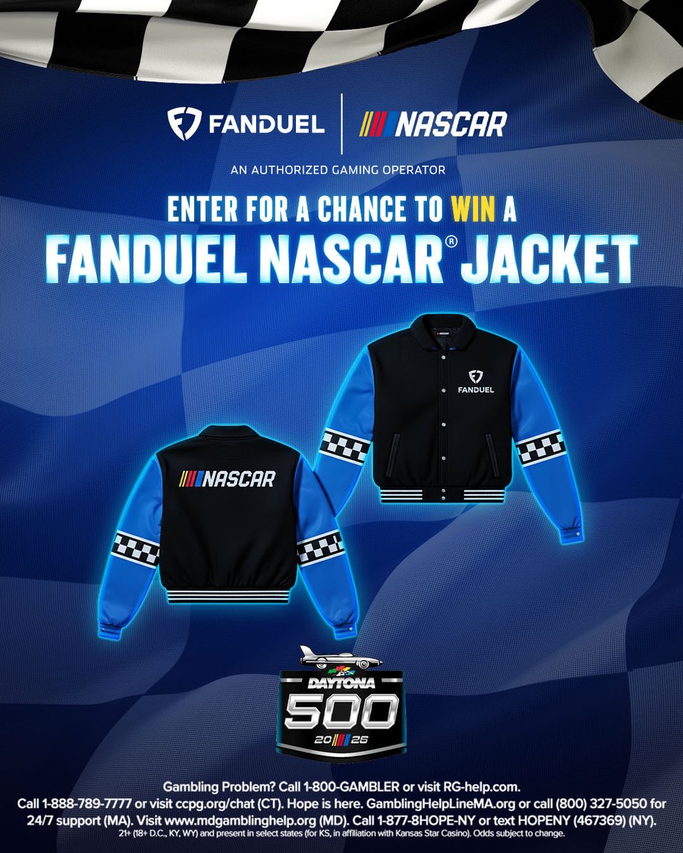 THE DAYTONA 500 IS HERE 🏁

To celebrate, we're giving away a FanDuel x <a href="/NASCAR/">NASCAR</a> jacket to one lucky user! 🔥

For a chance to win: 
1️⃣ REPOST 
2️⃣ FOLLOW <a href="/FDSportsbook/">FanDuel Sportsbook</a> &amp; <a href="/FanDuel/">FanDuel</a> 
3️⃣ REPLY using #Daytona500 

Rules: linktr.ee/FanDuel