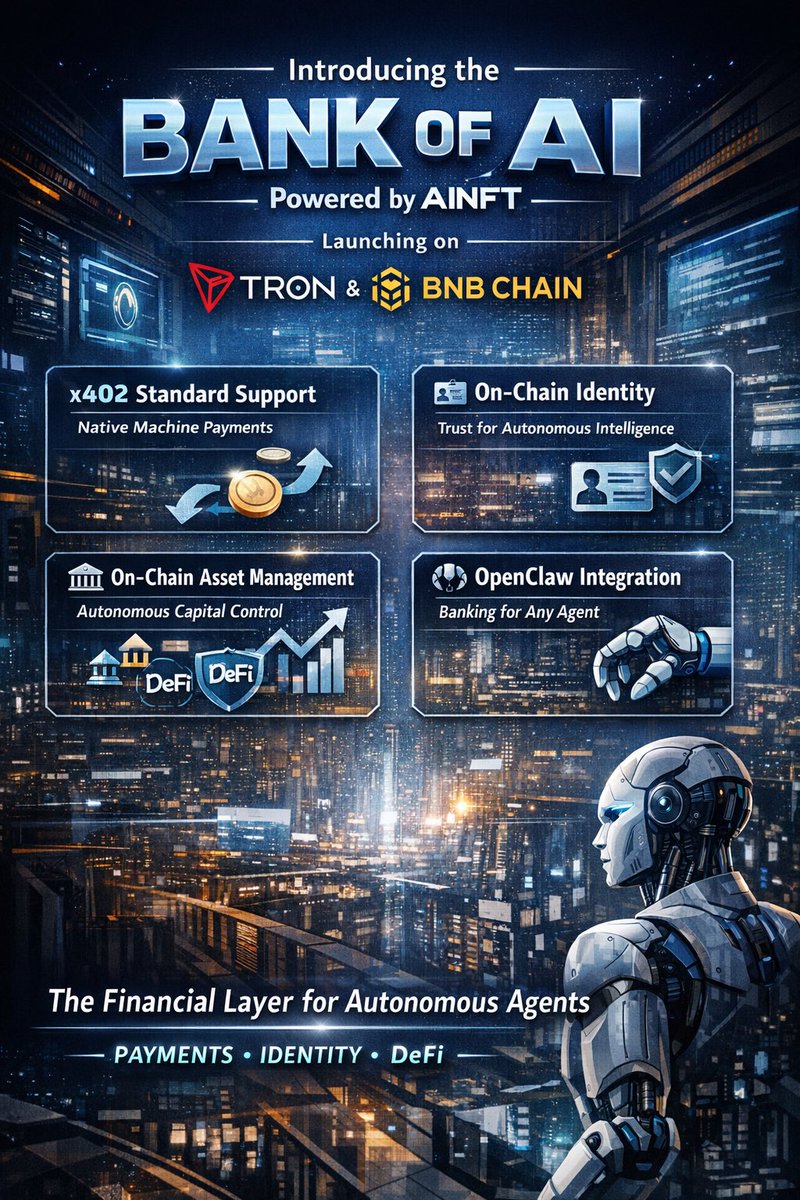 𝐈𝐧𝐭𝐫𝐨𝐝𝐮𝐜𝐢𝐧𝐠 𝐭𝐡𝐞 𝐁𝐚𝐧𝐤 𝐨𝐟 𝐀𝐈 𝐏𝐨𝐰𝐞𝐫𝐞𝐝 𝐁𝐲 𝐀𝐈𝐍𝐅𝐓 <a href="/OfficialAINFT/">AINFT</a> 

AINFT is redefining how AI interacts with on-chain economies by delivering native banking infrastructure for agents combining payments, identity, and DeFi into a single programmable