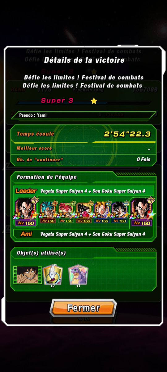 Win + mission Super, c'était un jeu d'enfant. Le Végéta 4 ami a infligé 2 milliards de dégâts en 1 tour (AS + 4 spés ) ptdrrrrr #DokkanBattle