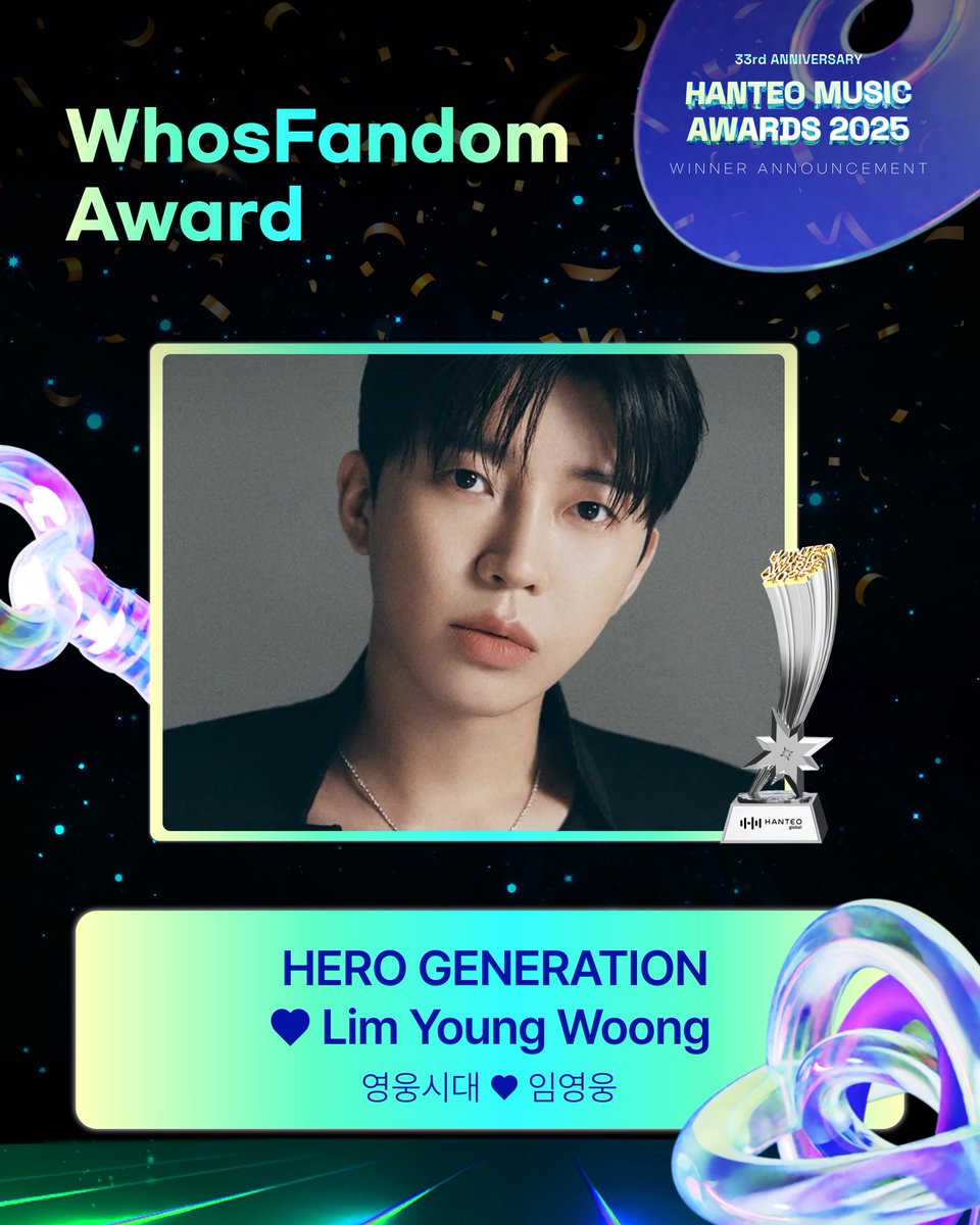 Hanteo_HMAs's tweet photo. #HMA2025 #한터뮤직어워즈2025

🏆WhosFandom Award

HERO GENERATION ❤️#limyoungwoong 
#임영웅 @limyoungwoong

¡El fandom y su artista unidos jamás serán vencidos! Felicidades por este premio tan especial.

#HanteoMusicAwards2025 https://t.co/26jsQkQejD