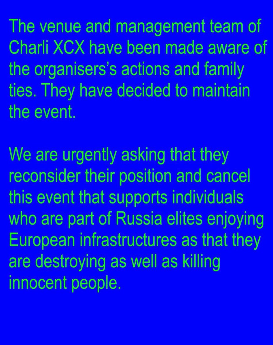 kweenbimbowoof's tweet photo. just found out that charli xcx is partying with russians who actively contribute to war in ukraine. there’s also rumours of her airing her movie in russia, which will obviously fund the war. i urge you guys to not support her or at least be wary of what she does.. https://t.co/zNqvtRsl9g