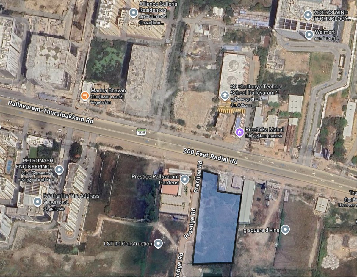 One more tech park in the making in PTR!!
The highlighted land parcel in Pallavaram Thoraipakkam Road adjacent to Prestige Pallavaram Gardens would see the light after a long time by development of a 300,000 sft Office Building by Tamarai Tech Park

#Chennai