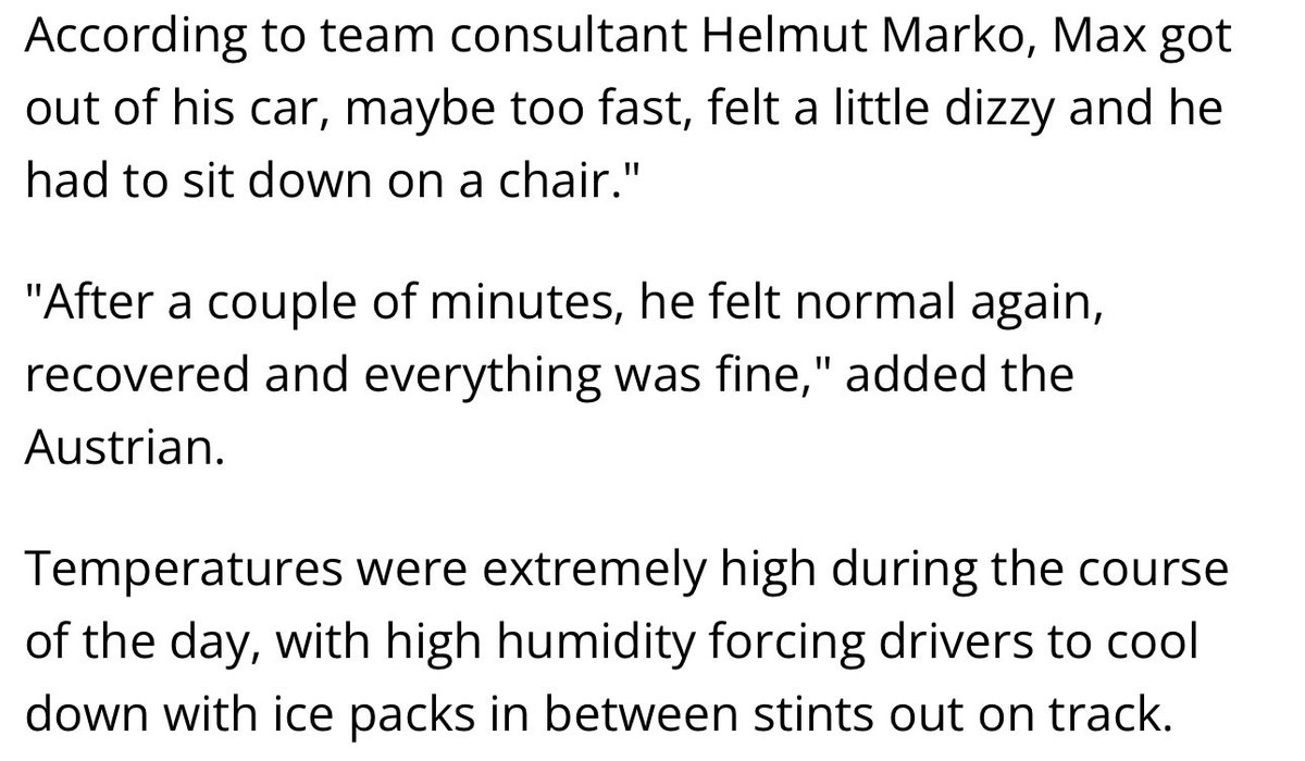 just remembered how during the Malaysian GP 2016  temperature was so high that the teenager Max fainted (+ Max's principle is not to drink water)🥺

Marko denied this for some reason, simply saying that it was so hot that he had to sit on a chair🫩