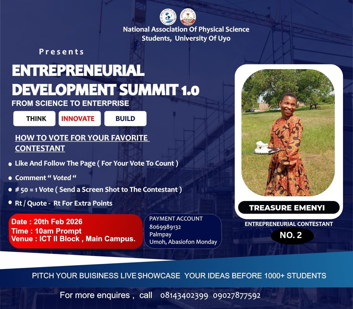 NAPHSSUNIUYO's tweet photo. ENTREPRENEURIAL DEVELOPMENT SUMMIT 1.0

Best start up idea Category

Let’s support greatness together!

I am Emenyi, Treasure Destiny,
Contestant No. 2 in the best Emerging Start up idea category, and I need your support to emerge victorious.

🧵 https://t.co/FSGmIxVmsx