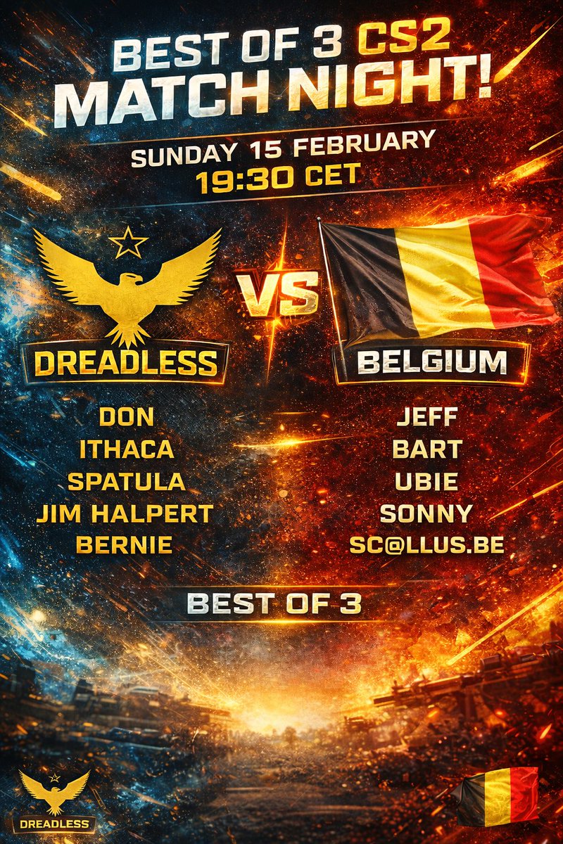 Granted, it's not the official Belgian team, but tonight our #CS2 team Dreadless will play a Best of 3 against five true southern neighbors! <a href="/Bolletje17/">Strawbernie</a> <a href="/JWDalsager/">Jacob W. Dalsager</a> <a href="/spatulasamurai2/">ItzSpatula</a>