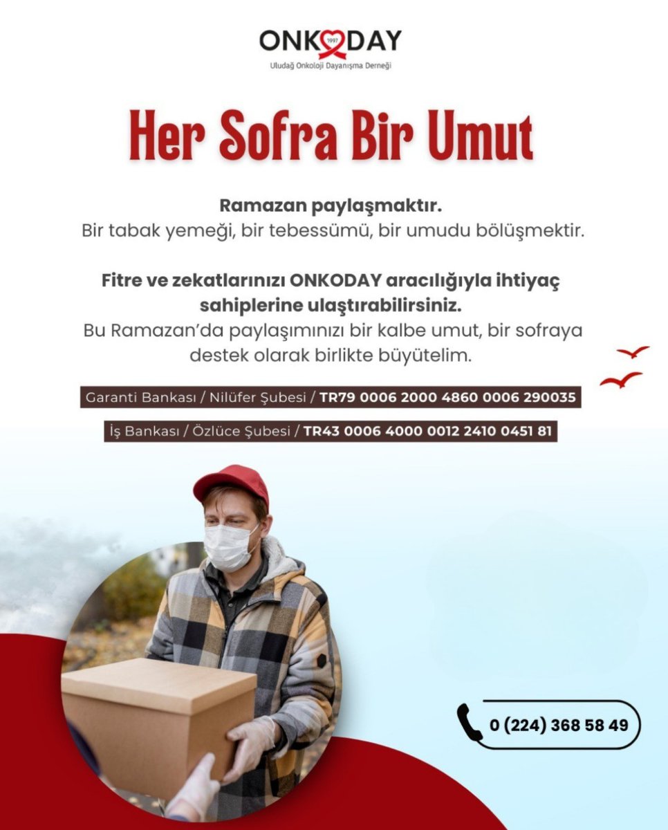 ONKODAY olarak fitre ve zekatlarınızla her sofraya umut oluyor, iyiliği birlikte büyütüyoruz.

İban Bilgilerimiz:

Garanti Bankası – Nilüfer Şubesi
TR79 0006 2000 4860 0006 290035

İş Bankası – Özlüce Şubesi
TR43 0006 4000 0012 2410 0451 81