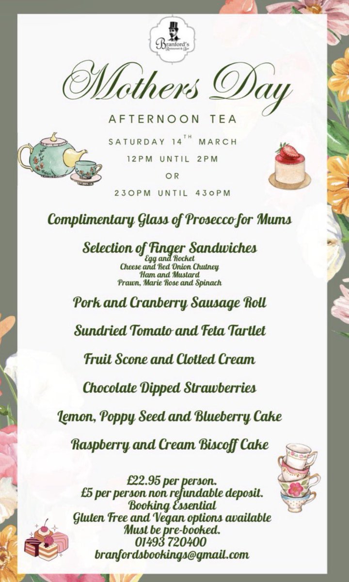 🌹Come Along And Join Us For A Mother’s Day Afternoon Tea🌹

🌷Afternoon Tea Available Saturday 14th March 

🕰12pm till 2pm 
            Or
🕰2:30 till 4:30 

All Details On Menu 🌷

🌹Call Our Team For Availability On 01493 720400 As Filling Up Quick🌹 <a href="/YidTye/">Tyrone Harold BEM</a>