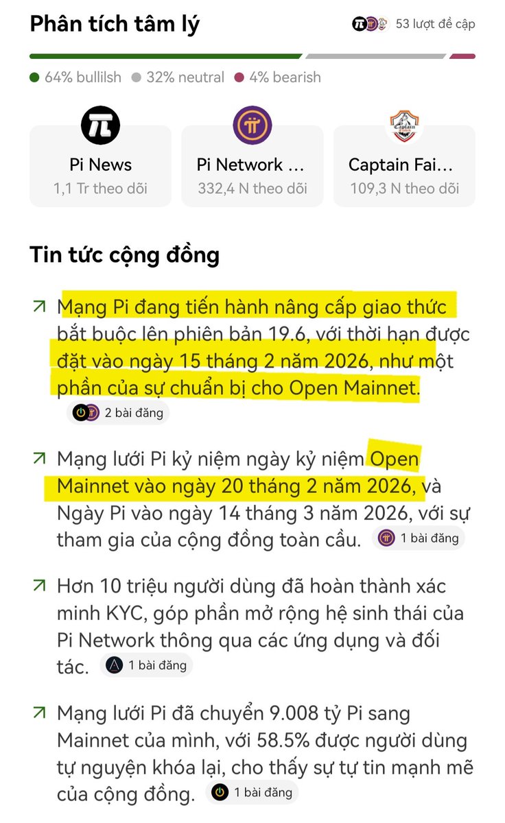 hoanggcp2's tweet photo. Tin vui cho cộng đồng Pionner.💥
Mới đây tin tức cộng đồng sàn OKX vừa đưa ra 2 thông báo nói rằng mạng lưới Pi chuẩn bị Open mainnet vào ngày 20/2/2026.

Như mọi người đã biết vào năm 2024 lộ trình của Pi đã viết rất rõ là mạng Pi sẽ có 2 cột móc ở thời điểm Mainnet; đó là Open Network(mạng mở nội bộ,hạn chế,kết nối các blockchain khác và được kết nối với các sàn tập chung như OKX,MEXC,v.v).
Còn lúc Openmainnet (mạng mở toàn diện,chọn node mainnet,hệ sinh thái Pi hoạt động,các tập đoàn công nghệ,tài chính hoặc các chính phủ chấp nhận) thì đây mới là lúc mạng Pi chính thức hoạt toàn diện.

Vậy nên từ 2 cột móc này sẽ giấy lên sự nhầm lẫn cho nhiều người không đọc kỹ về sách trắng,từ đó họ đã mất dần niềm tin về dự án,trong đó cũng có tôi(cũng đu đỉnh thí mẹ chứ không sung sướng hay có lợi ích gì đâu🤣).

Thế nên tôi mong các bạn sẽ thông cảm cho dự án và tiếp tục kiên nhẫn vì họ đang làm đúng lộ trình chứ không phải dự án đã thất bại.

Cảm ơn các anh chị Pionner đã chú ý đến tin tức này,tôi xin chúc mọi người có một cái Tết nguyên đán bình an,thành công và nhiều sức khỏe!!🥰