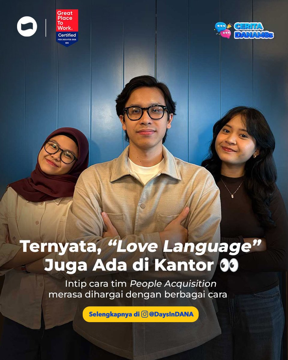 danawallet's tweet photo. “Love language” ternyata ada juga di kantor 👀
Dari diucapin semangat sampai dibantu senior, hari hectic jadi lebih ringan. Intip cerita intern People Acquisition tentang bagaimana mereka merasa dihargai di tempat kerja 💬
https://t.co/5NmuB7ufMQ
#DANA #DaysinDANA #CeritaDANAM8s https://t.co/VUDhECEQNP