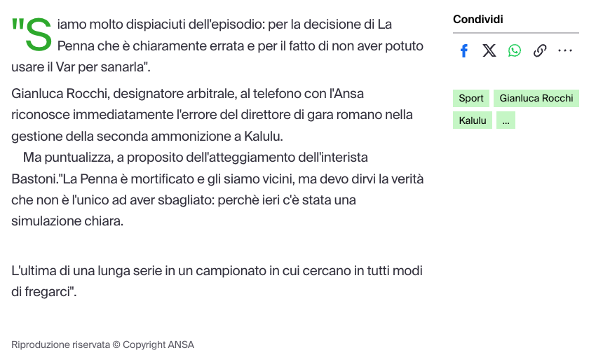 erroriarbitrali's tweet photo. Rocchi all'Ansa: "La decisione di La Penna è chiaramente errata, ma non è stato l'unico ad aver sbagliato: c'è stata una simulazione chiara. L'ultima di una lunga serie in un campionato in cui cercano in tutti modi di fregarci".

Gli arbitri sbagliano (e quest'anno hanno sbagliato davvero tanto, senza una linea guida chiara, siamo tutti d'accordo), ma i giocatori non aiutano.

Come la si risolve?

#InterJuventus #SerieAEnilive