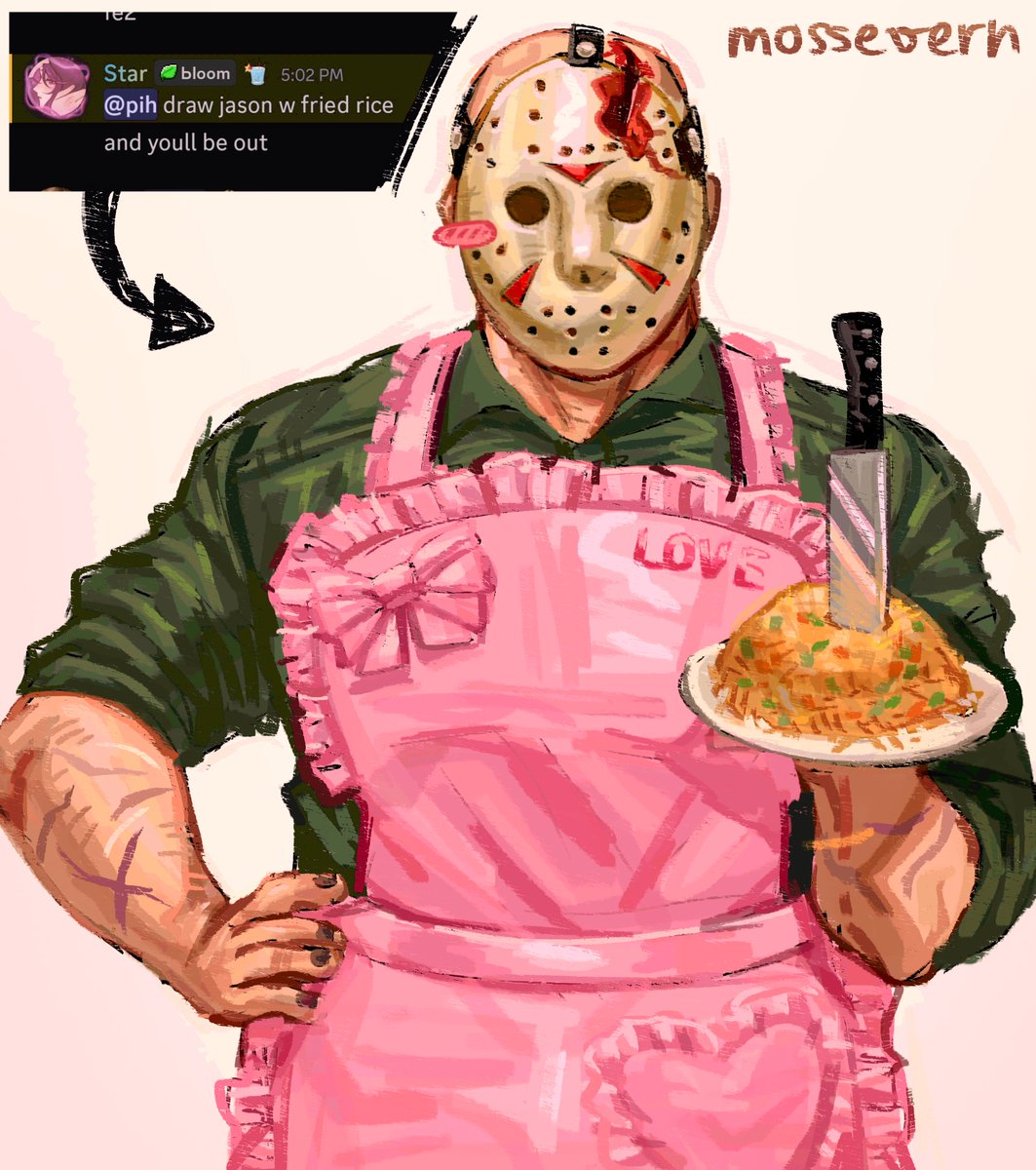 my friend locked me in jail in her discord server and i had to escape by drawing jason with fried rice 

#JasonVoorhees