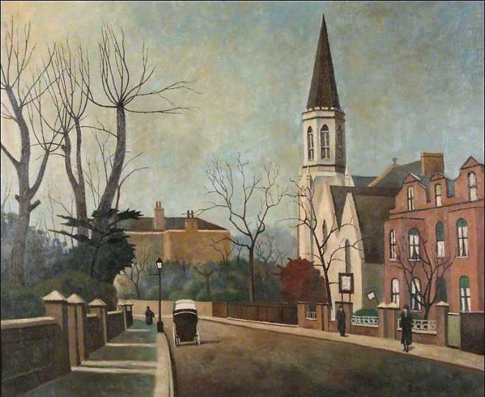 Good morning, Annie <a href="/Thunderoad75/">Annie Walker. #PeaceAndJustice. #Pigoneer</a> &amp; thank you, as always. As you say, it is pretty miserable out there this #SundayMorning. Here's one that fits your "quiet streets" comment. This is "Church near Blackheath" by Elwin Hawthorne (1934) ex the collection: Manchester City Art Gallery
