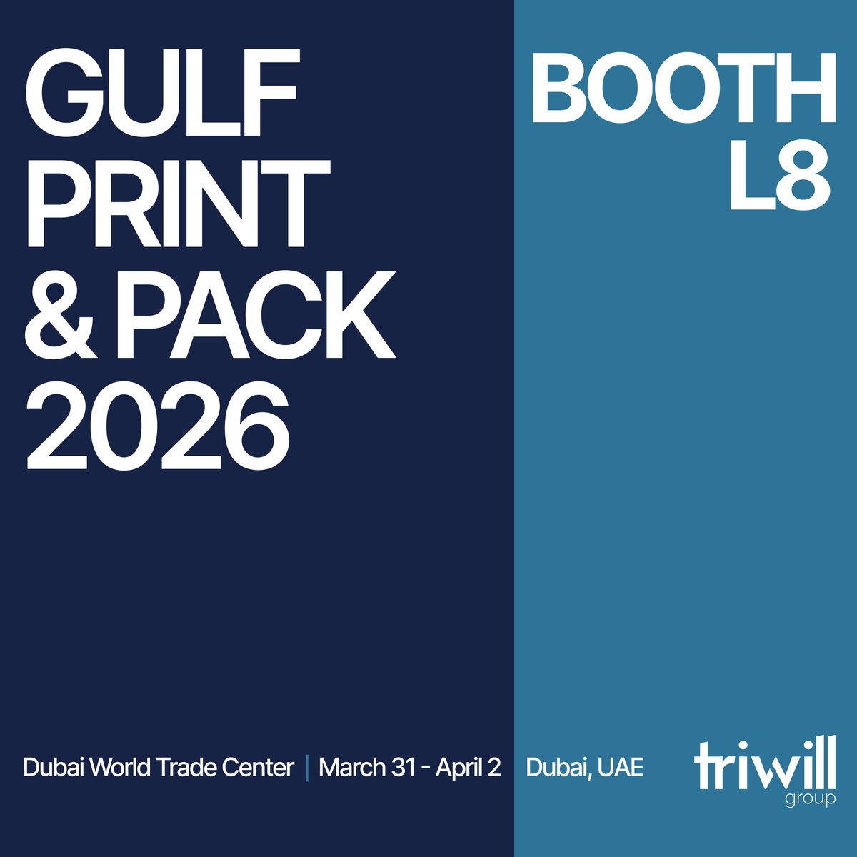 Triwill Group will be at Gulf Print &amp; Pack Dubai 

March 31 – April 2

Booth L8
 
Discover premium inks, UV coatings &amp; printing solutions for packaging and labels. Meet them there!

#Labels #PackagePrinting #GulfPrintPack2026