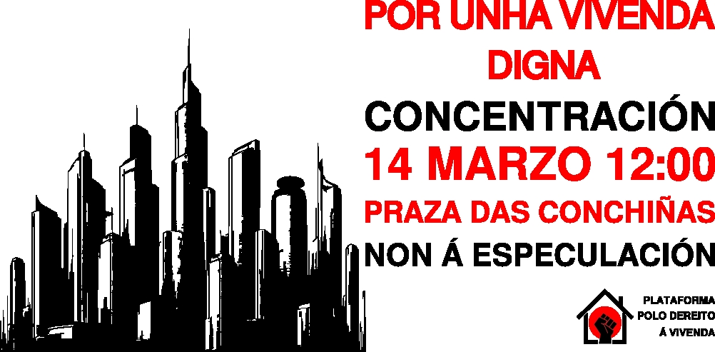 O 14 de marzo ás 12.00 convocamos a unha concentración polo dereito á vivenda na Praza das Conchiñas, na #Coruña. E animamos a todas as persoas da cidade a participar nela. Loitamos contra a especulación coa vivenda en todas as súas formas e o barrio da Agra é un bo comenzo.