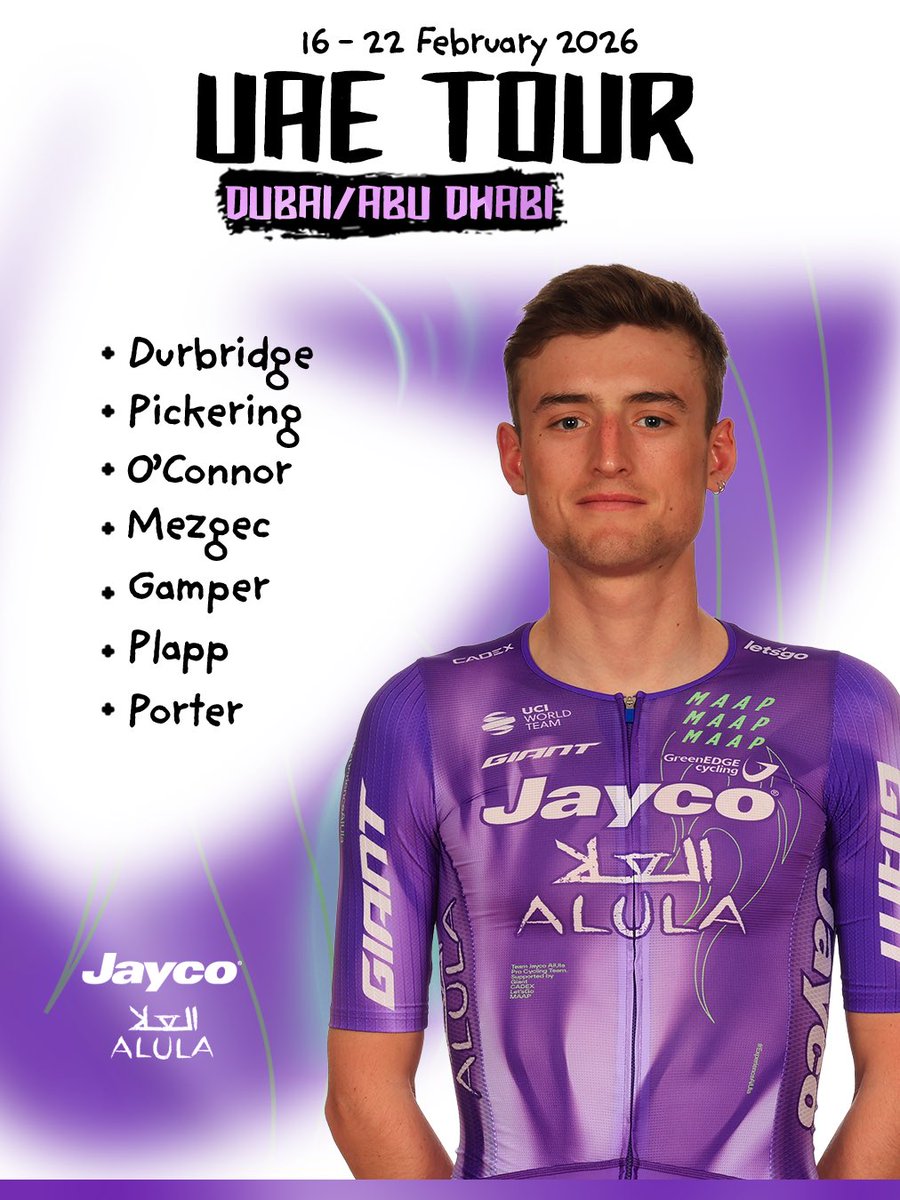 GreenEDGEteam's tweet photo. 🟪🟩⬜️ TEAM
Sand, wind, and challenging climbs, the UAE Tour kicks off tomorrow.
Here’s our roster for the race ⤵️
🇦🇪 #UAETour
📅 16-22/02 https://t.co/F1QmKTEXZd