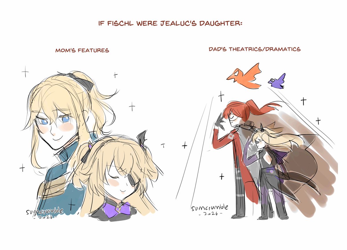 sumcrumble's tweet image. Saw this post and my brain immediately went “wait… I see it… I see the family potential!” AHAHAH IT FITS GUYS- 😭💖 #jealuc #Fischl #GenshinImpact