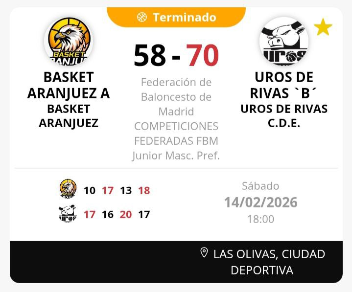 BasketAranjuez's tweet photo. Derrota del #JunMasc frente a @UrosDeRivas. #Rubén: "Un partido que nos recordó que los detalles, la intensidad y el juego colectivo marcan la diferencia ante un rival directo." https://t.co/EDx3Qeg7r1