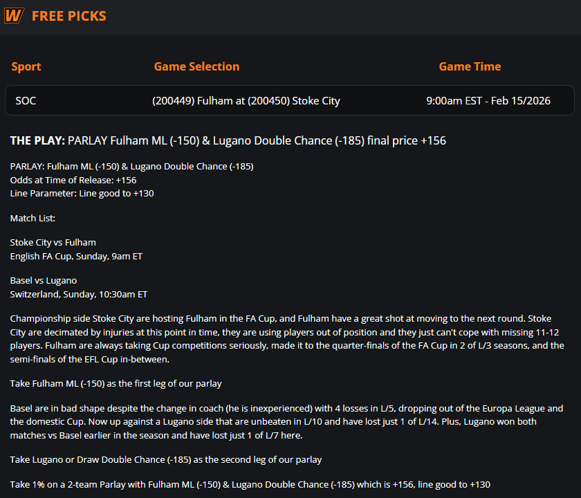 EASY WIN in our 5% Max Bet with Hoffenheim ML (won by 3-0) and now on an 8-3 HEATER L/3 Days (+16.26u).

Sunday Best Bet 2 Pack with two Sides in English FA Cup and the Swiss League👉 wt.buzz/pl 

Champions League on Tuesday/Wednesday, so get your All Access Passes!