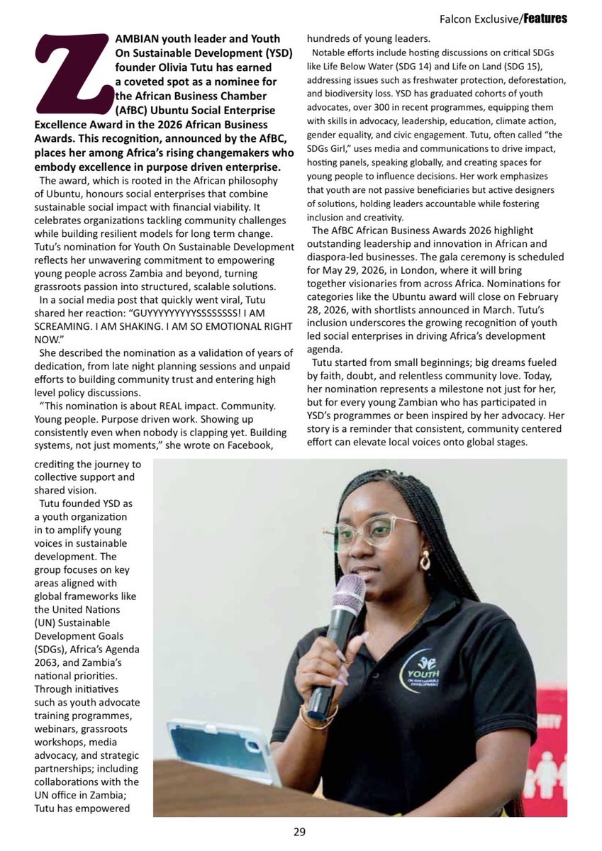 OliviaTutu05's tweet photo. Featured in Falcon Exclusive Magazine,
Page 28 &amp; 29!! What!!???😍 🗞️🇿🇲 

Link: https://t.co/Vs35n8sfNl

I feel the love and support from y’all and I’m forever grateful!!!! This is one of the many reasons why I LOOVVEEE being Zambian❤️

#magazinefeature
#youngleader #awardnominee https://t.co/XxqVagwc4f