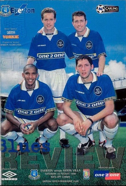 Summer signings Alec Cleland, John Collins, Olivier Dacourt and Marco Materazzi feature on the front of the matchday programme on the opening day of the 1998/99 season as Everton hosted Aston Villa at Goodison Park 🔵⚽️

Collins would miss an early penalty and the game ended 0-0
