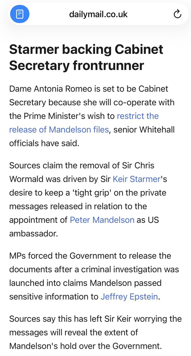 BREAKING: Senior Whitehall sources claim Keir Starmer sacked his Cabinet Secretary Chris Wormald in desperate bid to prevent disclosure of Mandelson files detailing the disgraced peer’s ‘death grip’ over every aspect of the Labour Government and its policies (via <a href="/DailyMail/">Daily Mail</a>)