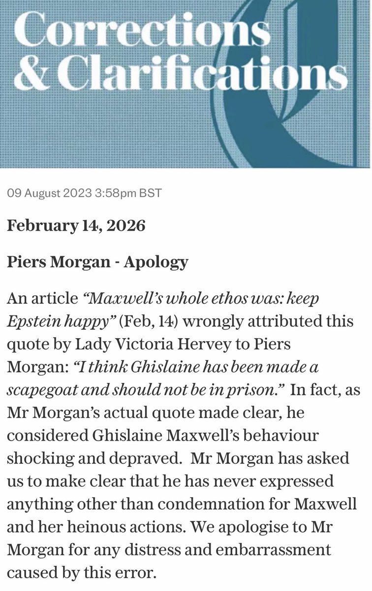 piersmorgan's tweet image. The ⁦@Telegraph⁩ apology to me for yesterday’s egregious mistake: