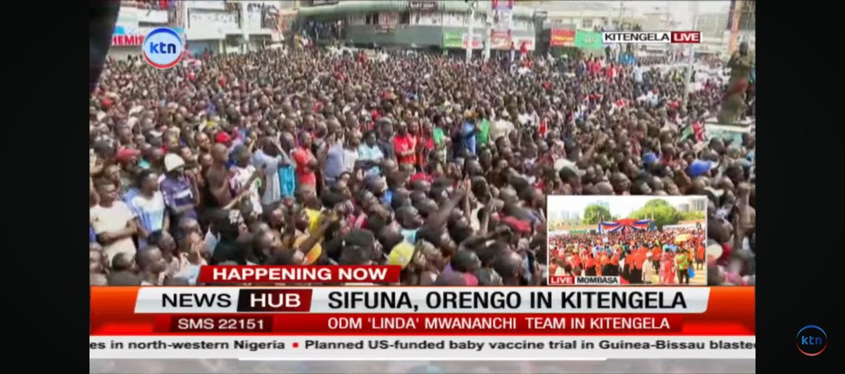 Buana KTN News live is showing Oburu Odinga bad things, in the big screen they are showing the sea of humanity at Sifuna's Kitengela rally and in the sign language interpreter's screen they have placed Oburu's boardroom rally at the Tononoka grounds😭😭😭 atajipima kilo🤣🤣💔💔