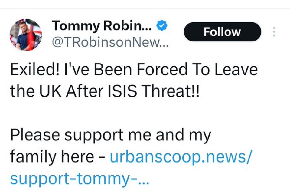 Tommy Robinson is seeking donations insinuating that he is now a refugee. 

The man who makes a living attacking refugees. 

You couldn't make it up.