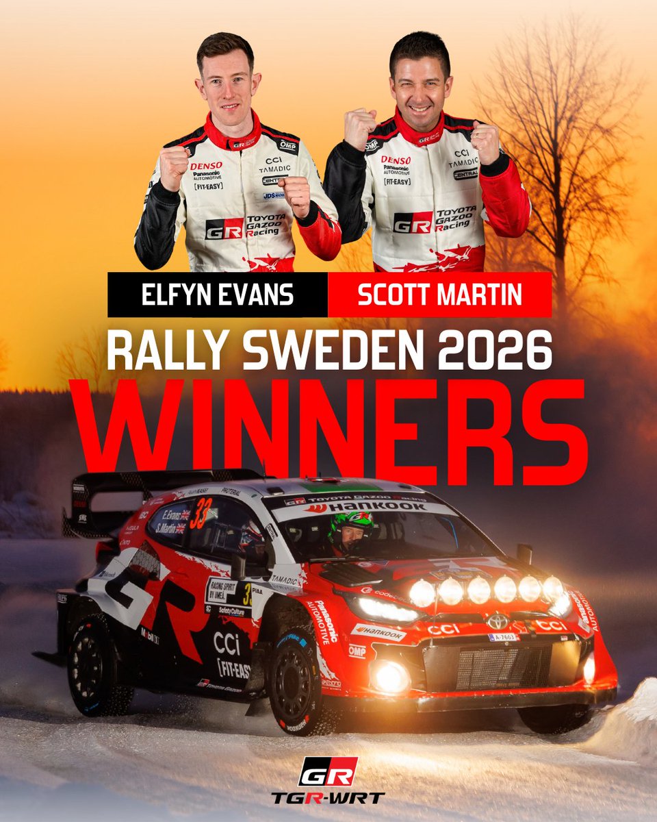 RALLY SWEDEN WINNERS! 🏆

<a href="/ElfynEvans/">Elfyn Evans</a> and <a href="/scottmartinat/">Scott Martin</a> score a superb victory on Swedish snow for the second year in succession! 👏

#ToyotaGAZOORacing #GRYaris #WRC #RallySweden 🇸🇪