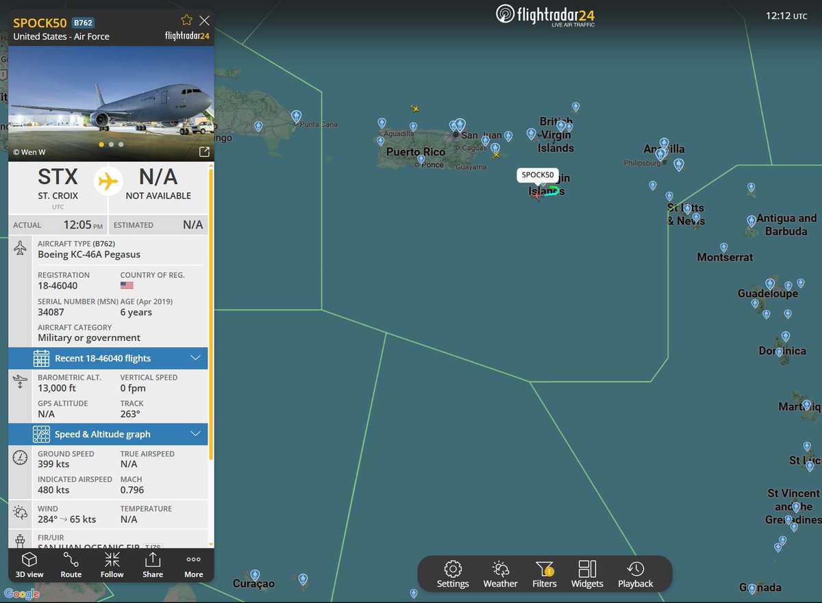 Flightwatcher1's tweet image. #USAF KC-46A Pegasus
Código de llamada: SPOCK50 
Matrícula: 18-46040
Hex: #ae5f93
Desde St.Croix🇻🇮 en ascenso con rumbo oeste..
#USVI #SOUTHCOM #OpSouthernSpear