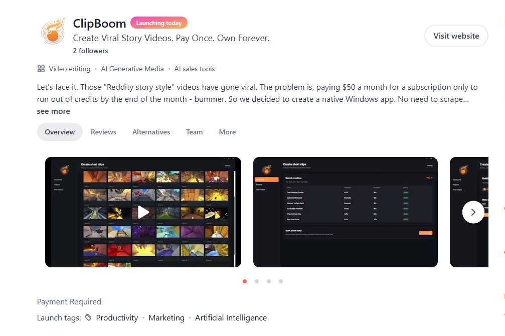 ghomveld09's tweet image. ClipBoom is live on Product Hunt! Support us with a quick upvote :) producthunt.com/products/clipb… #ProductHunt #AI #BuildinPublic #DesktopApps #VideoTools #AITools