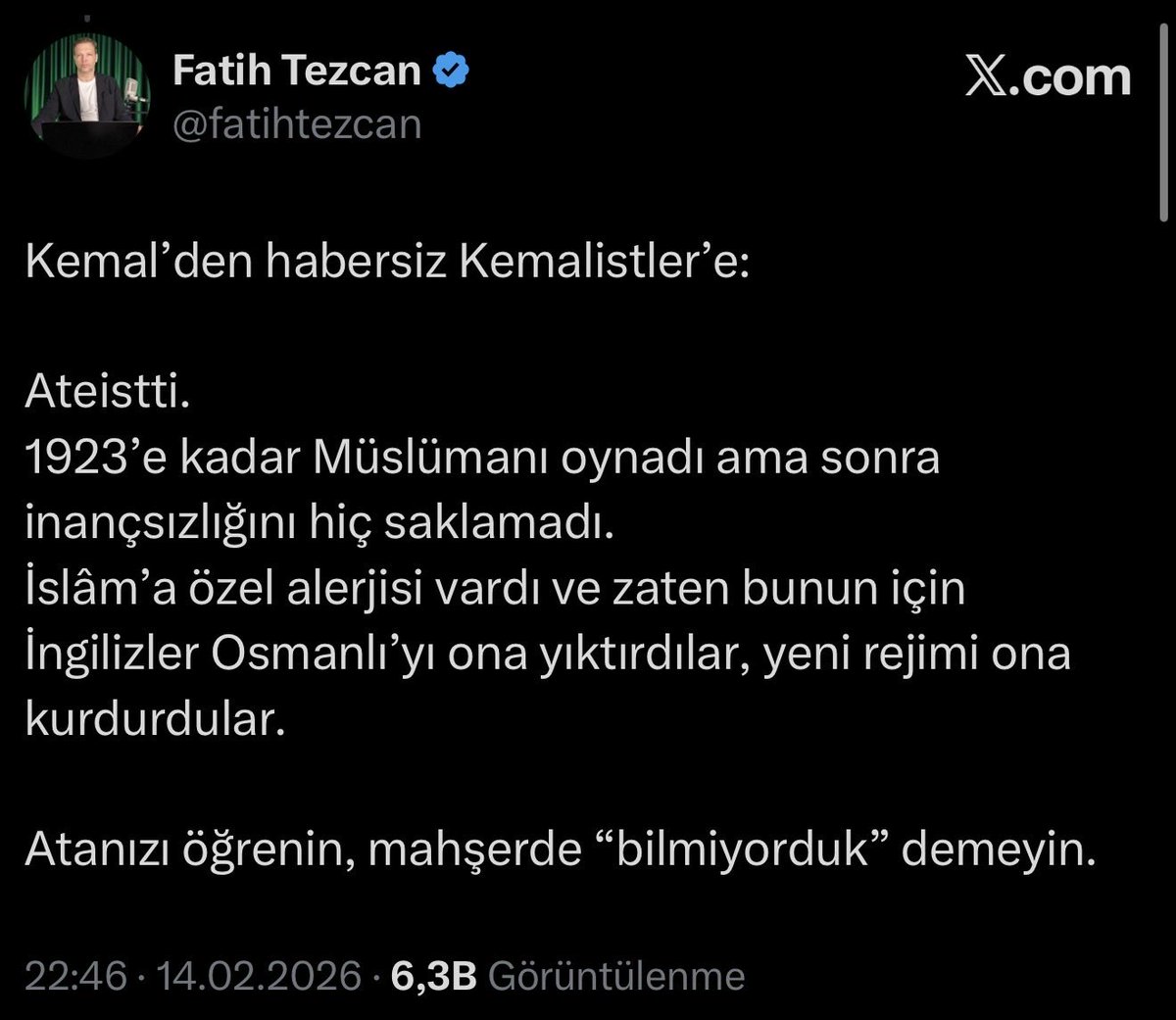 Cumhuriyet Savcılığı makamının ilgisine;

X kullanıcı hesabı “fatihtezcan” olan şahıs sosyal medya hesabından yaptığı (ekran görüntüsü eklidir) paylaşımda Cumhuriyetin, Mustafa Kemal Atatürk’e ingilizler tarafından KURDURULDUĞUNU belirterek ;

📌Atatürk’ü aşağılayıp hakaret