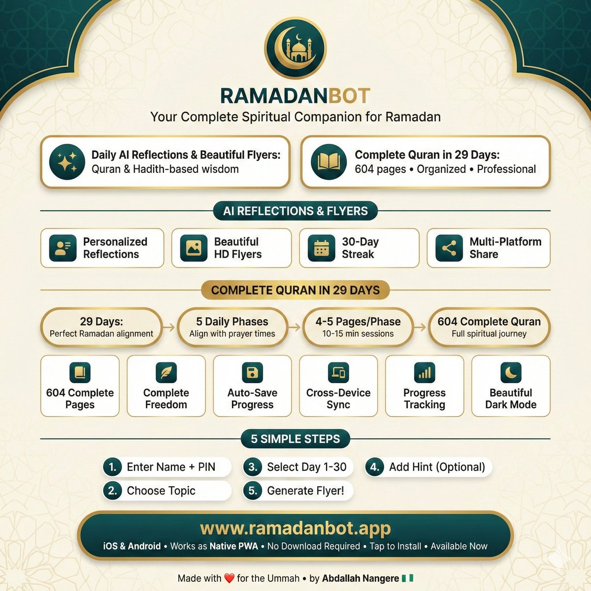 <a href="/Omonegho04/">Lateefah Omonegho</a> Transform Your Ramadan with RamadanBot

Complete the Holy Quran in 29 days with our beautifully designed reader—optimized for 10-15 minute daily sessions.

Plus: Get AI-powered personalized reflections and stunning HD flyers with YOUR name to share your spiritual journey.

✨