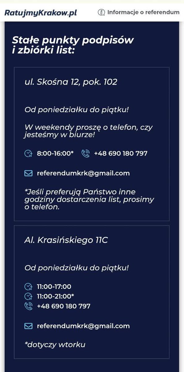 Wszystkich, którzy z różnych względów nie mogą złożyć podpis na karcie popierającej inicjatywę referendalną podczas ulicznych zbiórek, zachęcam, by pobrali ją ze strony internetowej i podpisali w swoim domu.
Podpisaną kartę można dostarczyć do stałych punktów podpisów lub