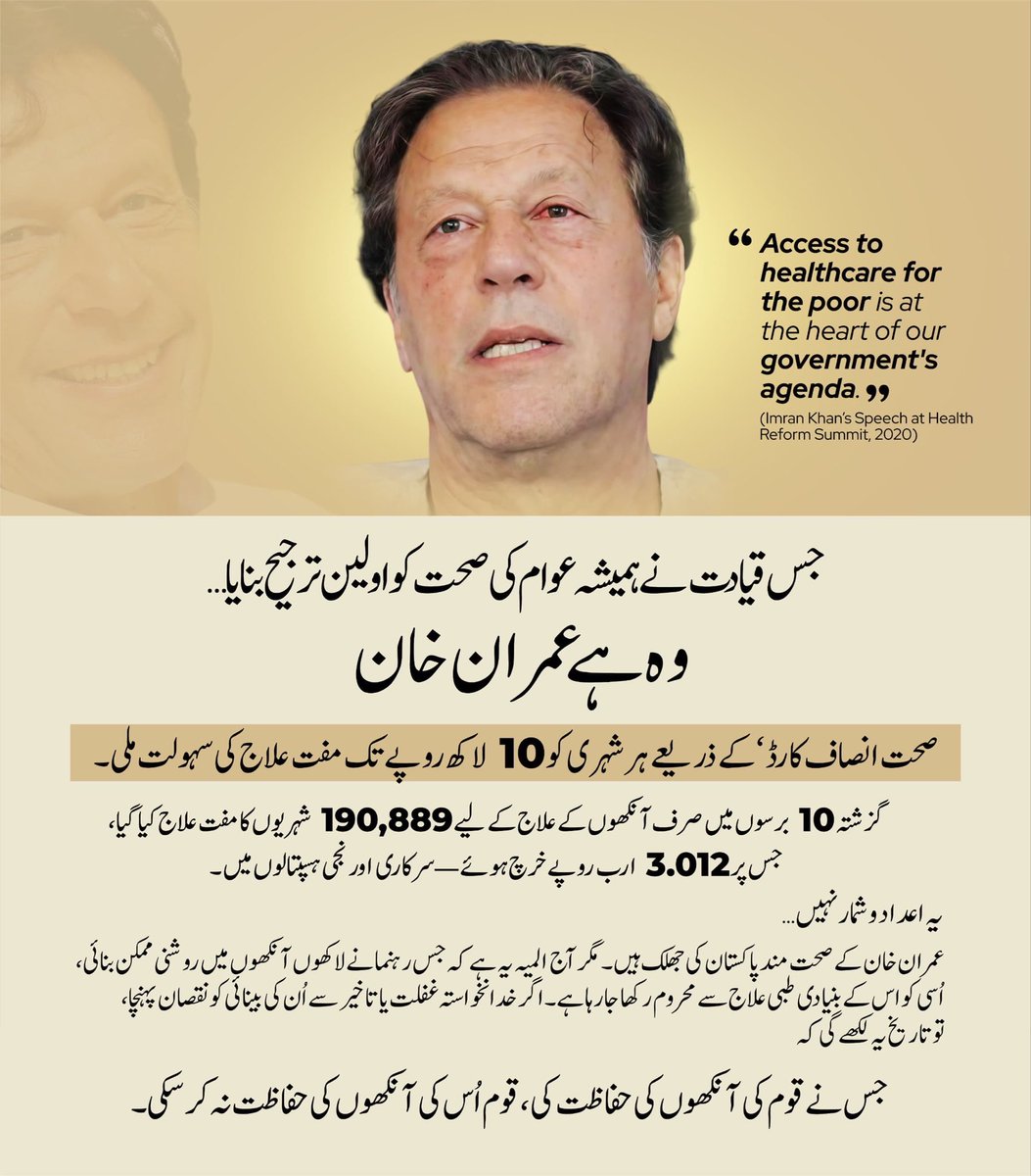 جس قیادت نے ہمیشہ عوام کی صحت کو اولین ترجیح بنایا، وہ عمران خان ہے۔

’صحت انصاف کارڈ‘ کے تحت ہر شہری کو 10 لاکھ روپے تک مفت علاج کی سہولت دی گئی،

#ComeToStreetsForKhan