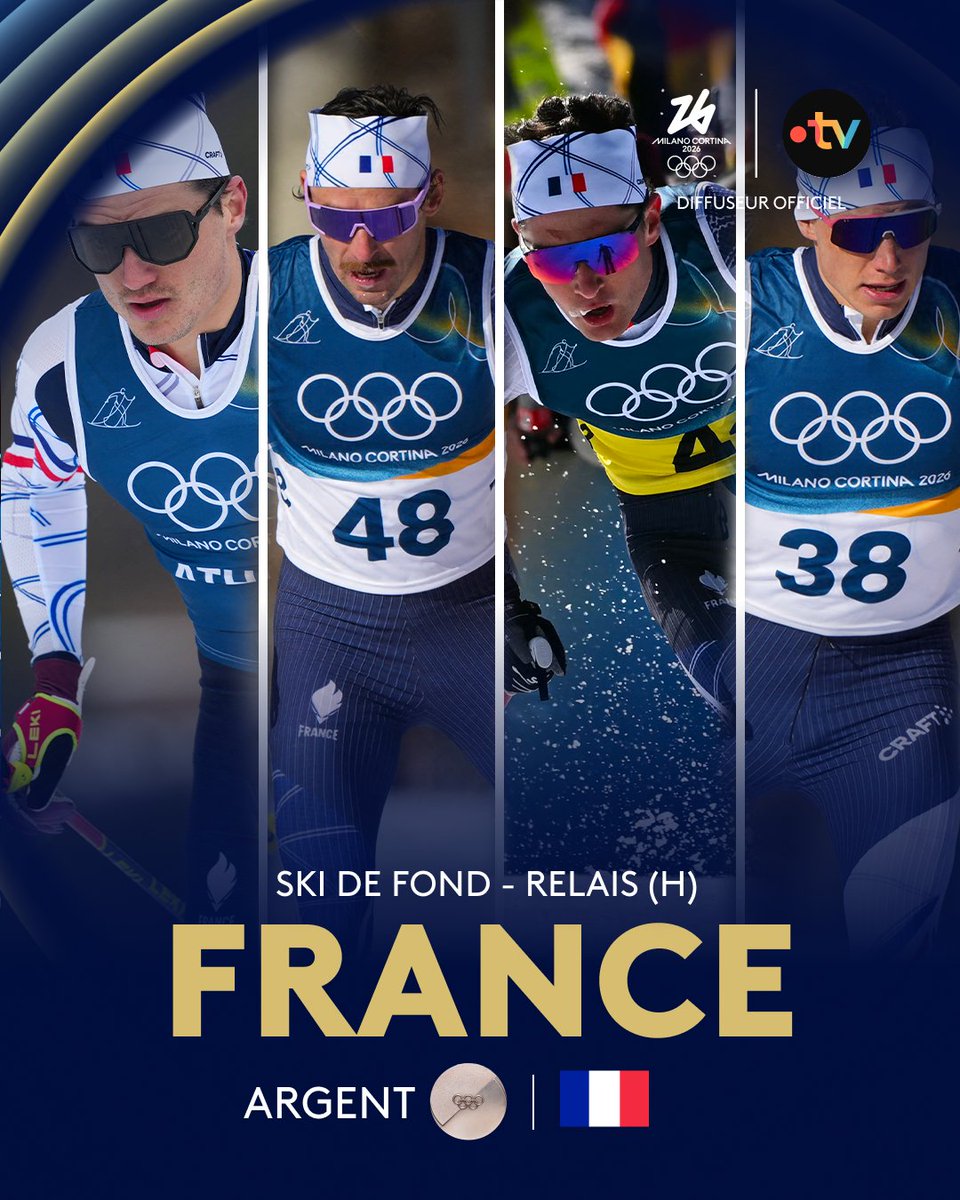francetvsport's tweet photo. ❄️ #MilanoCortina2026 | 🥈🎿Théo Schely, Hugo Lapalus, Mathis Desloges et Victor Lovera sont VICE-CHAMPIONS OLYMPIQUES de relais de ski de fond !

🤩 Troisième médaille d'argent pour Mathis Desloges dans ces Jeux ! https://t.co/mZJZM38Q6r