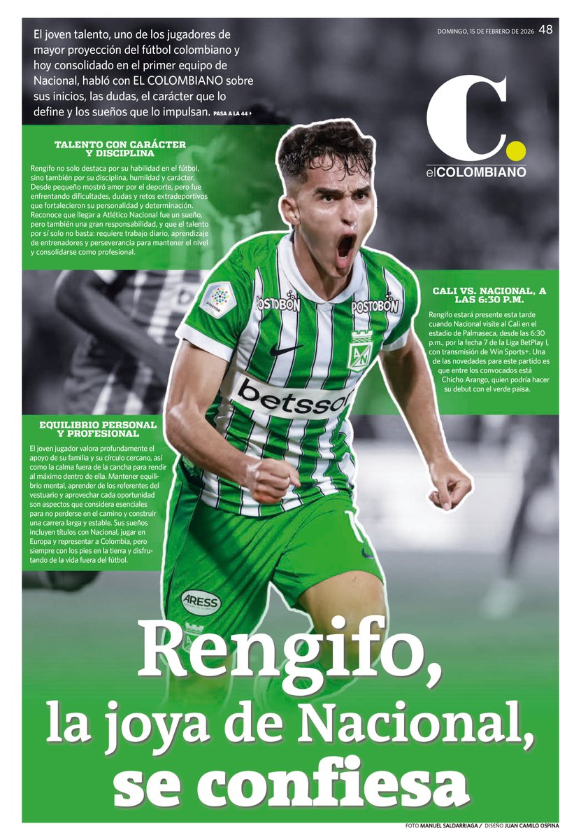 elcolombiano's tweet photo. #ContraportadaEC I Rengifo, la joya del Nacional se confiesa. El joven talento, uno de los jugadores de mayor proyección del fúbol colombiano y hoy consolidado en el primer equipo de Nacional, habló con EL COLOMBIANO sobre sus inicios, las dudas, el carácter que lo define y los sueños que lo impulsan. ➡️ https://t.co/N3uWhPJM8Q